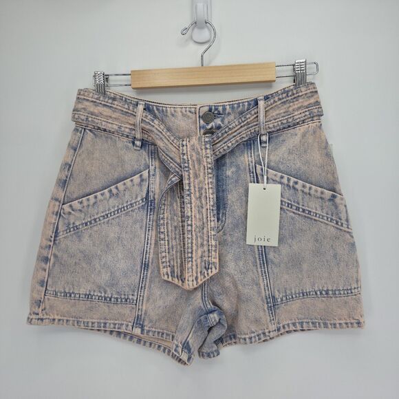 New Joie Women Edana Belted Pink Acid-Wash Cotton Denim Shorts High Rise Size 29 - Picture 2 of 6